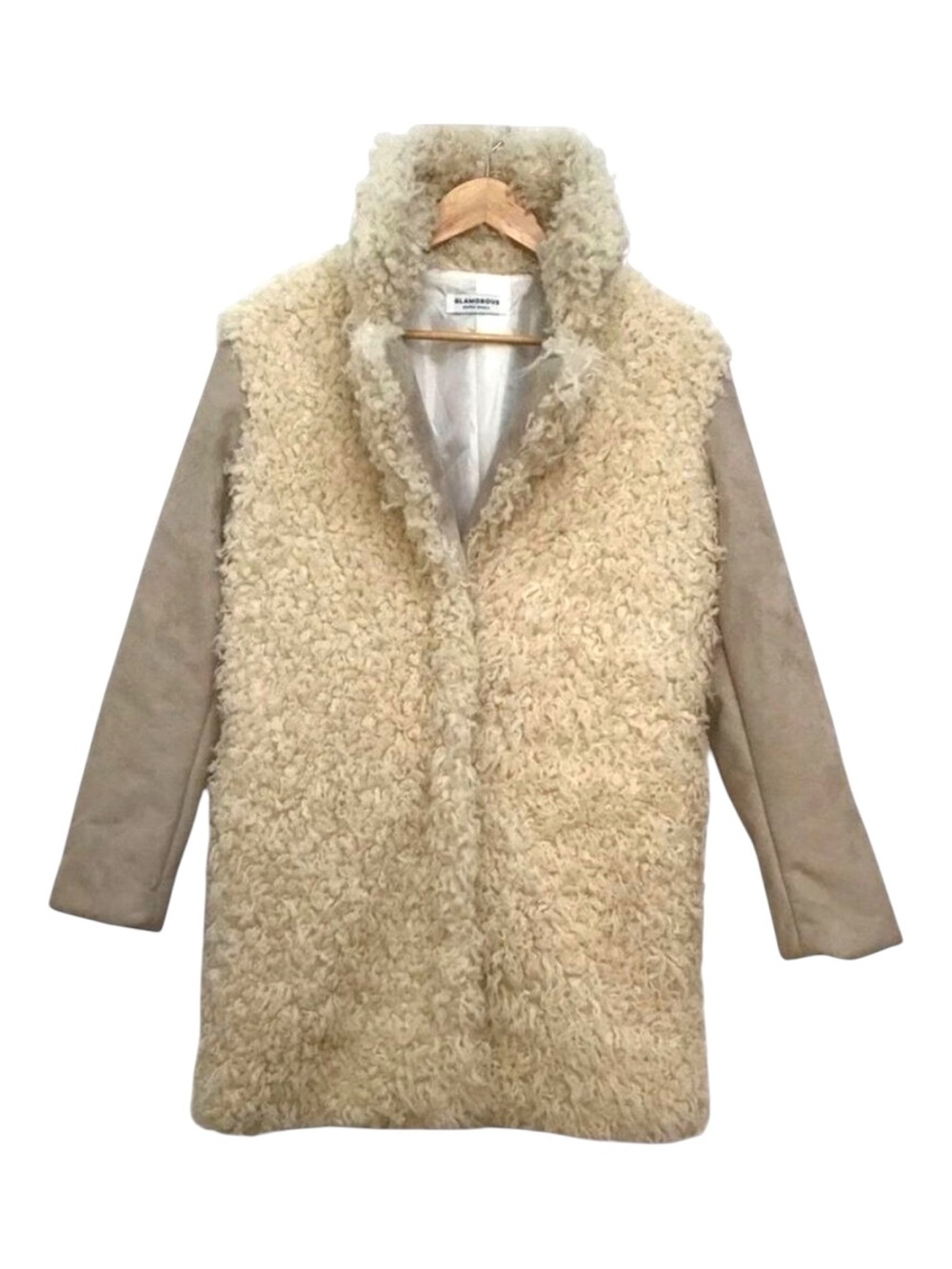 GLAMOROUS Faux Shearling Coat XS Cream Tan 70s Boho Teddy Statement Jacket